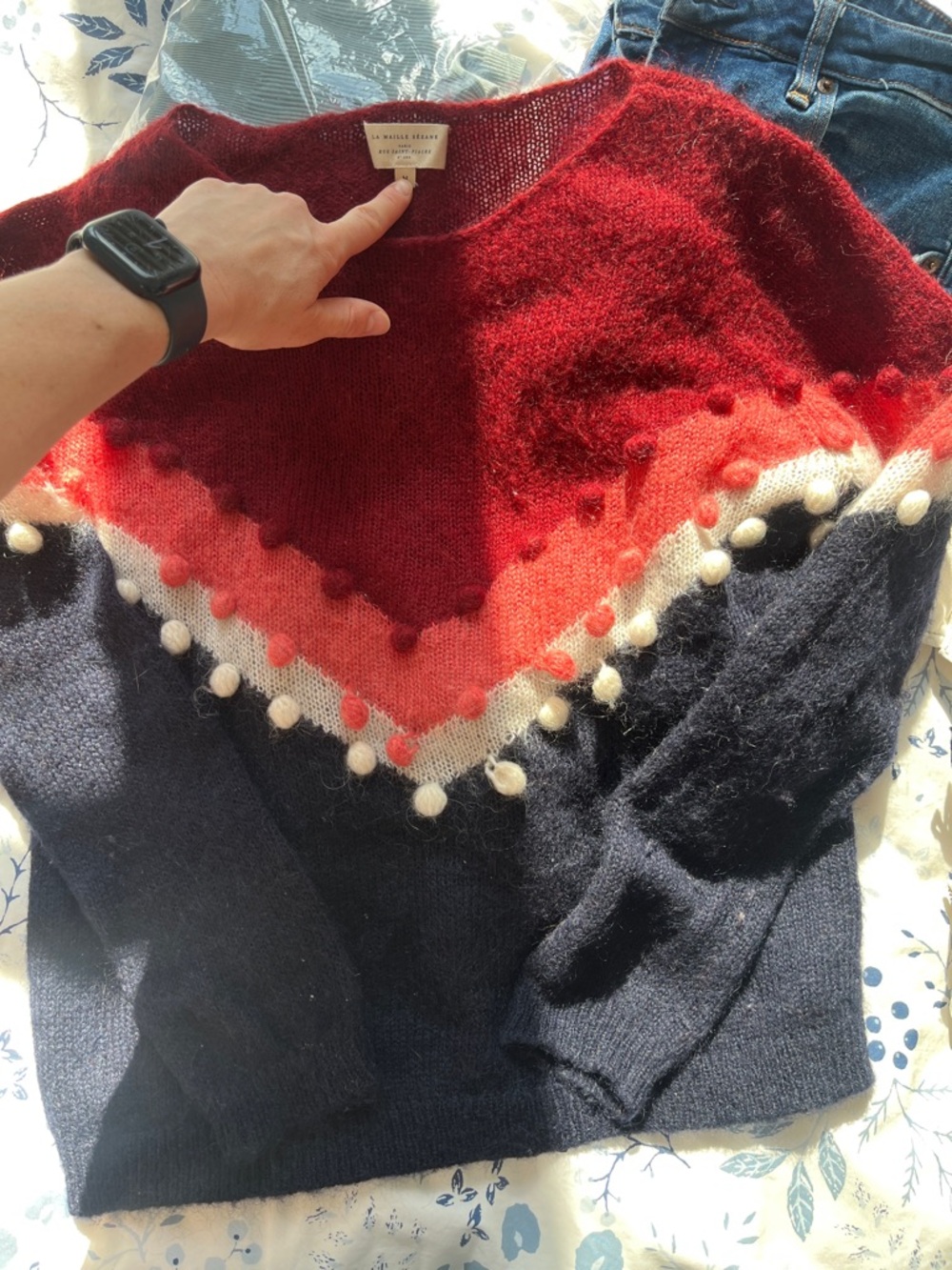 Sezane Colorblock Pom-Pom Crewneck Sweater le fil rouge